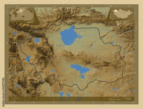 Uvs, Mongolia. Physical. Labelled points of cities photo