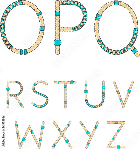 Font, alphabet, letters from dreadlocks from O to Z. Isolated vector objects on a white background.