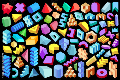3D geometric design elements collection. Set of abstract geometric shapes, forms and figures isolated on black background.