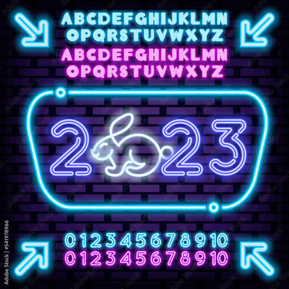 2023 Happy New Year and Merry Christmas alphabet Neon Sign Vector. On brick wall background. Announcement neon signboard. Bright colored vector. Vector Illustration