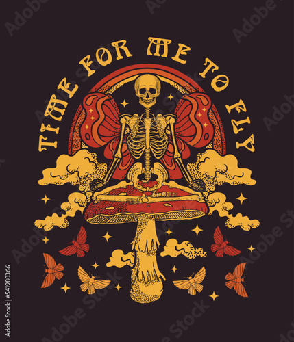 skeleton sits on fly agaric, print on a T -shirt. psychedelic illustration,