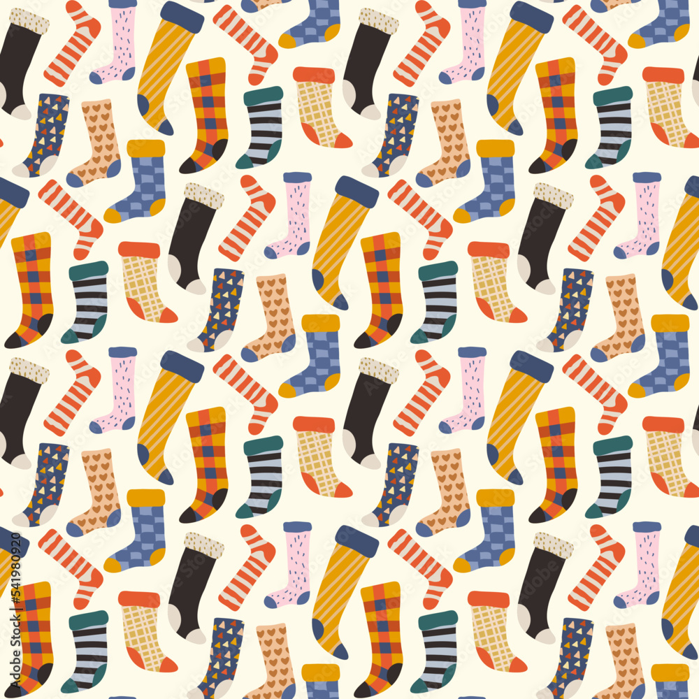 Colorful seamless pattern with different doodle socks.