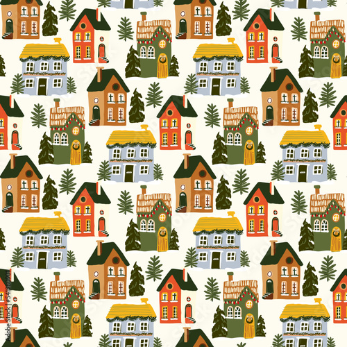 Seamless pattern for Christmas holiday with cute houses and trees. 