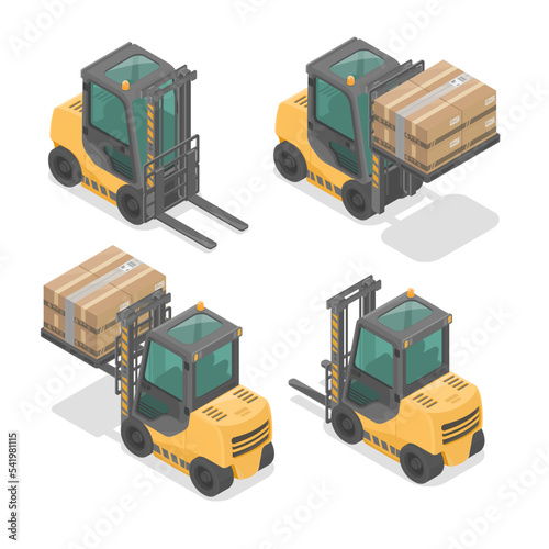 forklift shipment warehouse front and back view element with heavy cargo logistics isometric set isolated vector