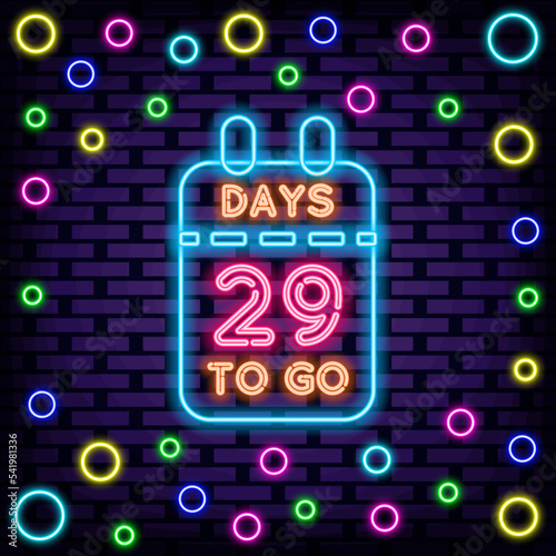 30 Days To Go Neon signboards. Neon script. Light art. Modern trend design. Vector Illustration