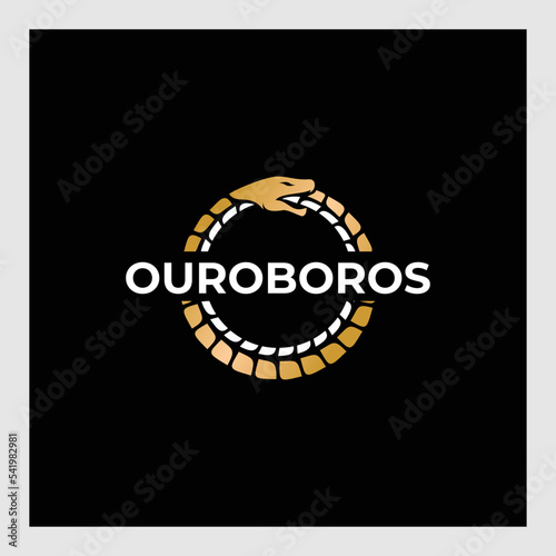 An ouroboros or uroboros serpent snake consuming its own tail circle in a vintage woodcut style