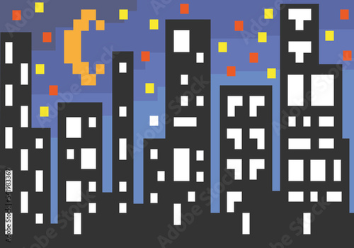 Pixel art depicting a night city.Vector. Breaks down into segments. For games and mobile applications.