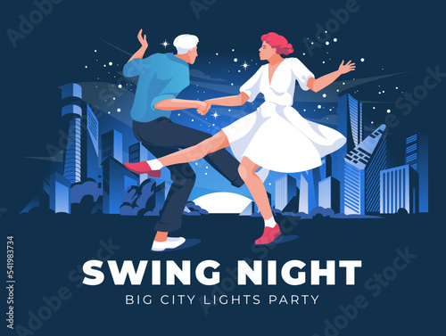 swing dancing couple against the background of the night landscape of the big city. Dance club in retro style. Vector flat illustration