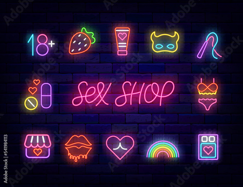 Sex shop neon icons collection. Luminous lettering. Intimate store emblem. Vector stock illustration
