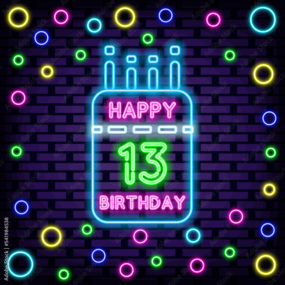13 Year old Happy Birthday 13th Neon quote. Neon script. Announcement neon signboard. Modern trend design. Vector Illustration 13 Year old Happy Birthday 13th Neon quote. Neon script. Announcement neon signboard. Modern trend design. Vector Illustration
