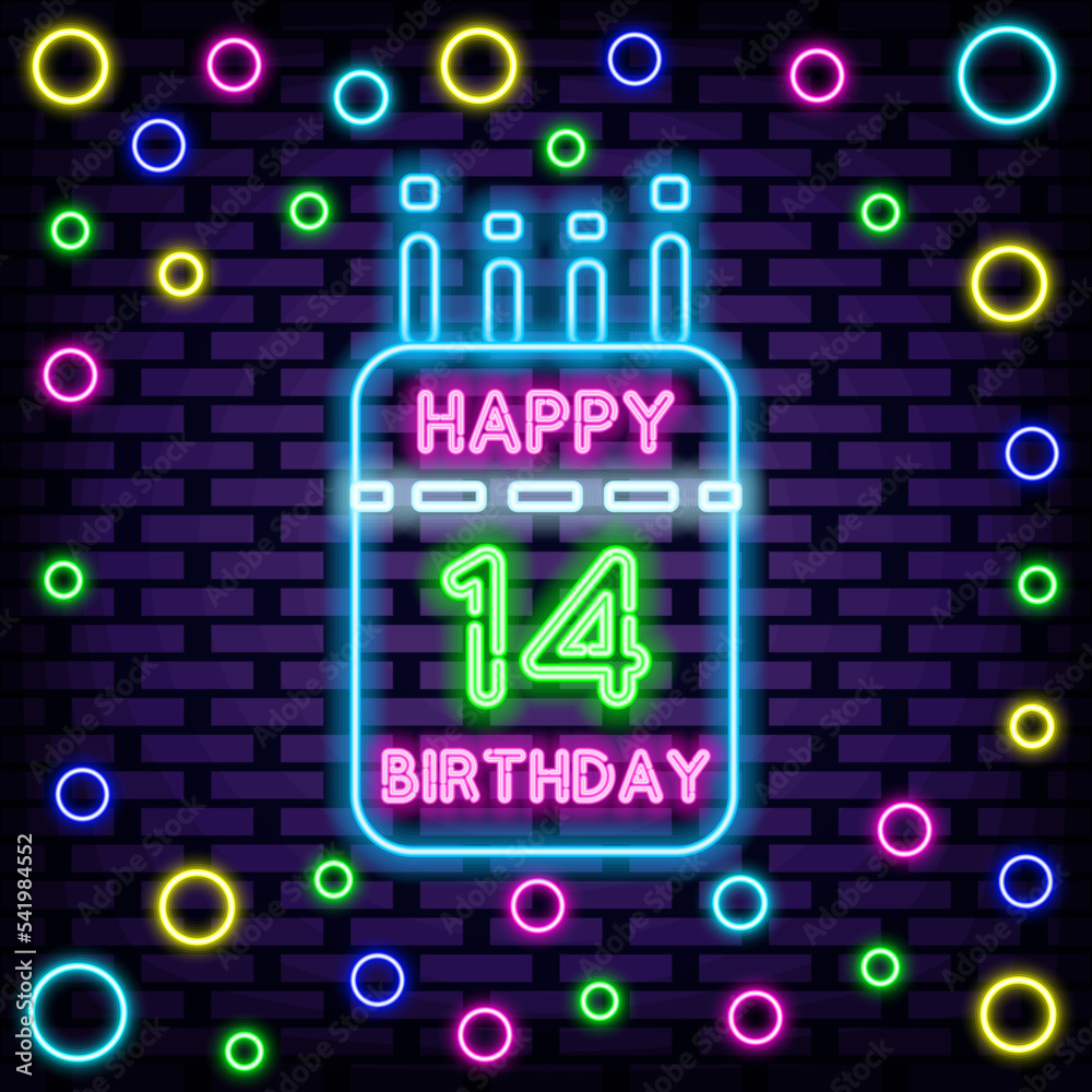 14 Year old Happy Birthday 14th Neon signboards. Glowing with colorful neon light. Light art. Trendy design elements. Vector Illustration