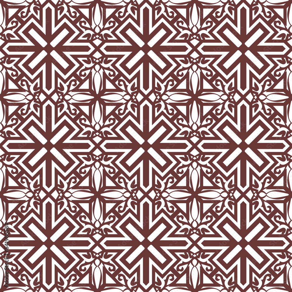 Seamless background image of vintage red spiral cross kaleidoscope pattern.
