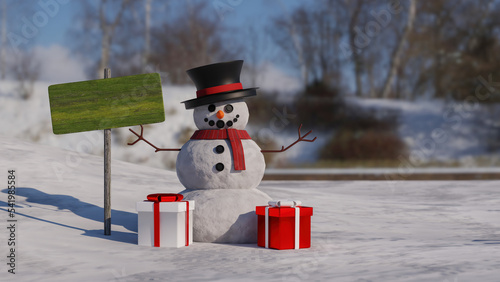 Snowman smiling wooden sign and gift boxes copy space. 3d rendering.