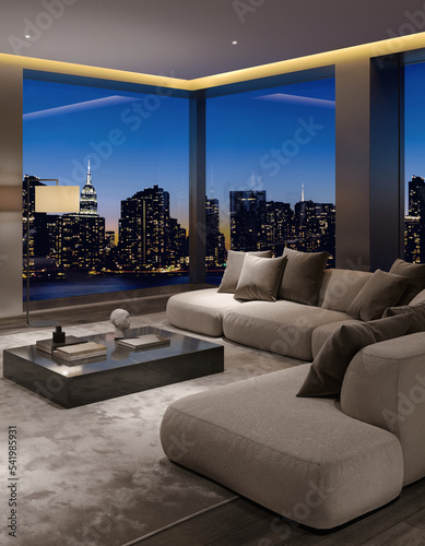 Tableau sur toile Illustration of a contemporary luxury penthouse living room interior in New York