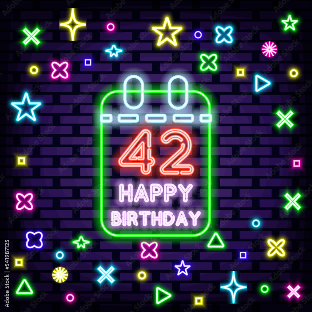 42th Happy Birthday 42 Year old Neon quote. On brick wall background. Neon text. Design element. Vector Illustration