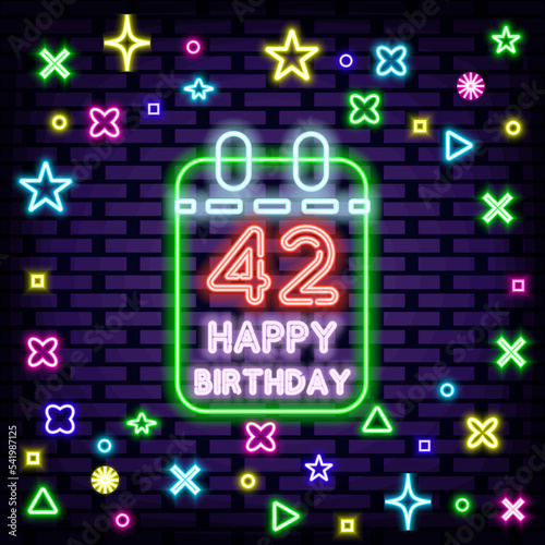 42th Happy Birthday 42 Year old Neon quote. On brick wall background. Neon text. Design element. Vector Illustration