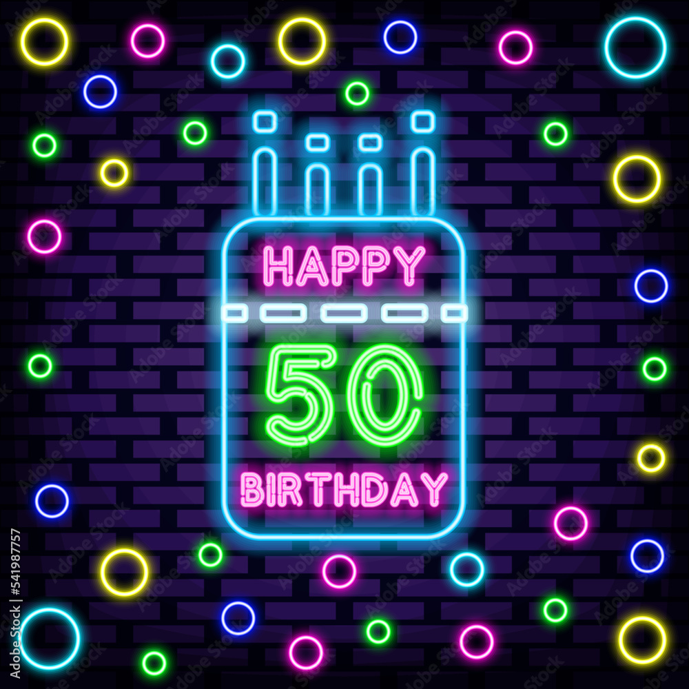 50th Happy Birthday 50 Year old Neon sign. On brick wall background. Announcement neon signboard. Bright colored vector. Vector Illustration