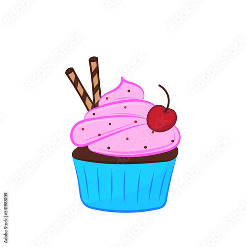 Chocolate cupcake with cherry. Design for bakery, cafe signboard. Dessert menu design. Vector illustration isolated on white background