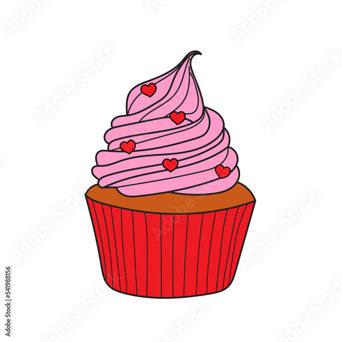Light airy pink biscuit for birthday. Sweet cupcake with hearts. Vector Illustration on white background