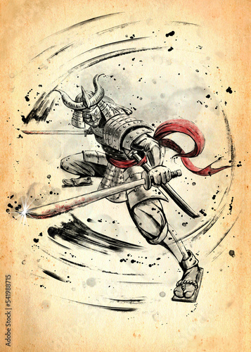 Samurai in full armor holds a sword in each hand in a fighting stance. He wears a red sash, has a horned helmet on his head, and a mask on his face, his eyes sparkle. Sumi e style digital illustration