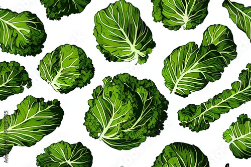 Seamless pattern with green cabbage on the white background.. Flat lay. Food concept.