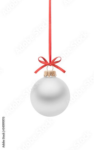 Weiße Weihnachtskugel mit Rotem Band und Schleife