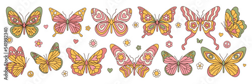 Groovy butterfly, daisy, flower stickers. Hippie 60s 70s elements. Floral romantic sign and symbols in trendy cute retro style. Yellow, pink colors.