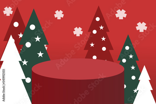Model scene for cosmetic product display podium or stage red christmas winter background with christmas tree vector illustration