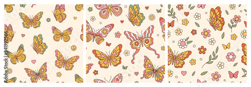 Groovy butterfly, daisy, flower. Hippie 60s 70s seamless patterns. Floral romantic backgrounds in trendy cute retro style. Yellow, pink colors. Fashion design, textile, fabric collection.