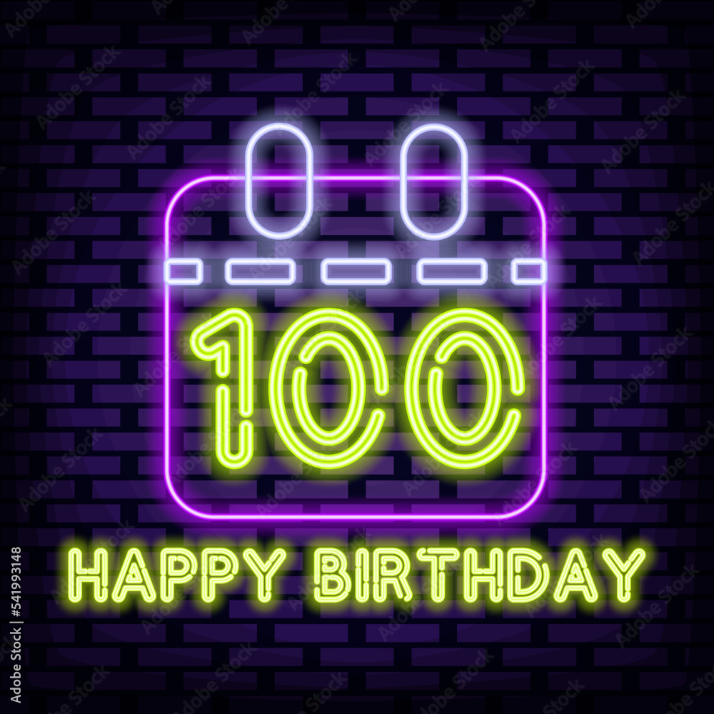 100th Happy Birthday 100 Year old Neon sign. Bright signboard. Light banner. Bright colored vector. Vector Illustration