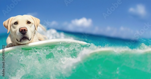 Fototapeta Spectacular labrador lying on surfboard, wave with teal sea water splash on surfing board with background clear sky summertime at ocean shore