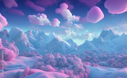 Magic fairytale Winter landscape with snow, mountains, pink fluffy clouds and fir trees against blue sky. Bright christmas wallpaper. 3D render. photo