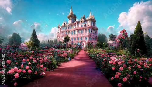 Victorian-style royal palace that looks like it was from a fairy tale. Spectacular fantasy luxury and majestic palace with beautiful garden of blossoms plants and flower. Digital art 3D illustration. photo