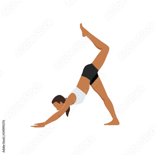 Woman doing Three Legged Downward Facing Dog Pose Scorpion Leg. Practice Tri Pada Adho Mukha Svanasana Vrschikasana Pada

