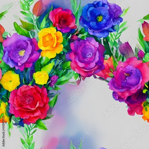 I see a beautiful watercolor flower bouquet. The flowers are brightly colored and they look so pretty together. I love how the artist captured the beauty of these flowers in this painting.
