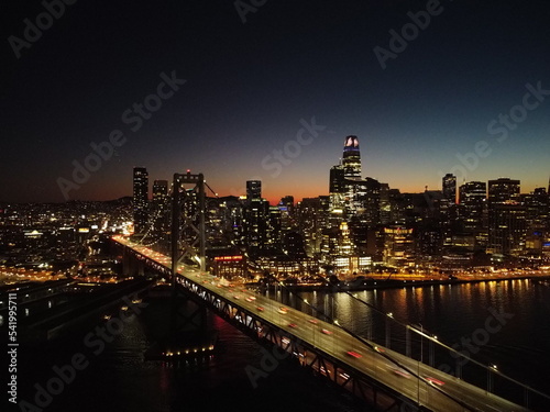 Bay Bridge in San Francisco at Night Aerial