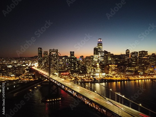 Bay Bridge in San Francisco at Night Aerial