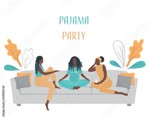 Pajama party. Three young black women in pajamas are sitting on the couch and talking. Vector illustration