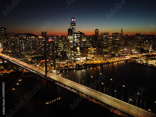 Bay Bridge in San Francisco at Night Aerial