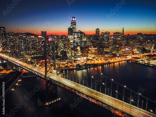 Bay Bridge in San Francisco at Night Aerial