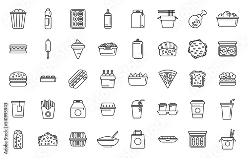 Take away food and drinks icons set outline vector. Burger cinema. Street food