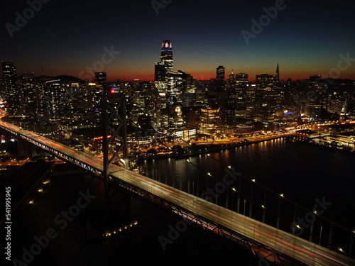 Bay Bridge in San Francisco at Night Aerial