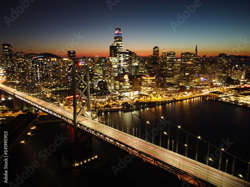Bay Bridge in San Francisco at Night Aerial