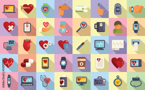 Palpitating icons set flat vector. Aid abdomen. Aid attack