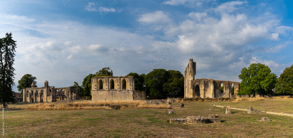 panorama view of the ruins of the Nave and Crossing and Choir Walls at Glastonbury Abbey