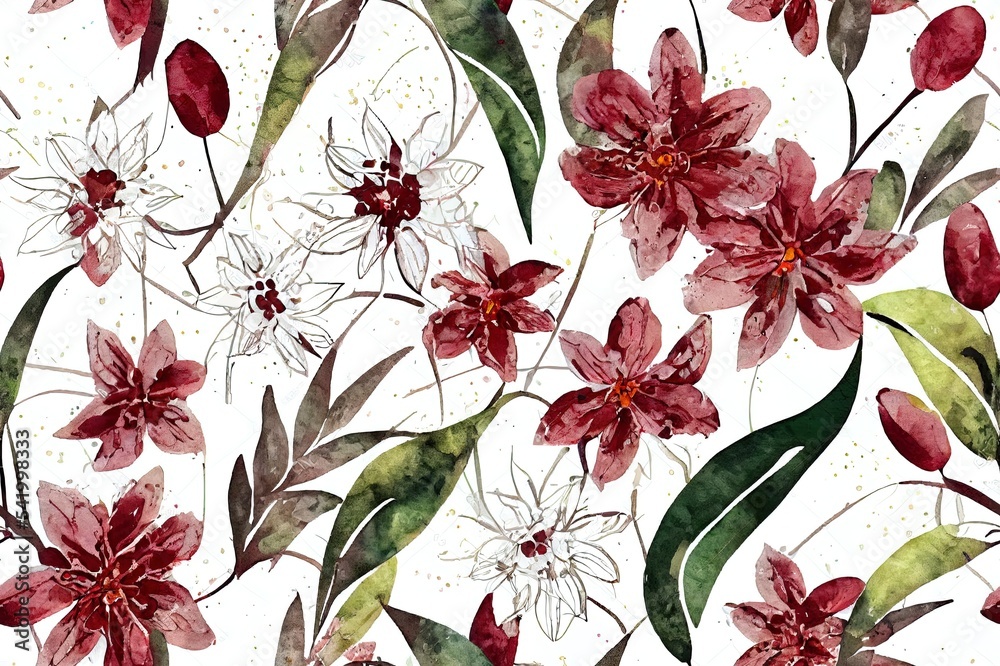 Floral seamless pattern with flowers, branches and leaves green and burgundy colors, delicate watercolor illustration isolated on white background, abstract floral print, garden pattern.