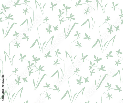 Seamless floral pattern  gentle ditsy print with hand drawn blue plants on a white background. Simple flower design with small wild flowers on thin branches  leaves. Vector botanical illustration.