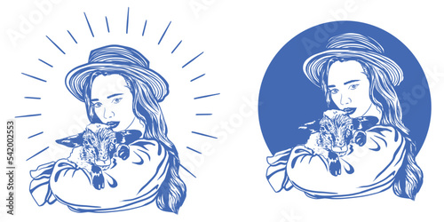 Shepherdess with cute little lamb vector illustration logotype