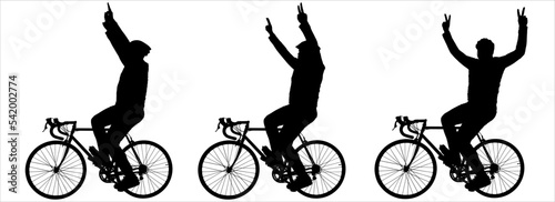 A cyclist in a protective helmet sits astride a bicycle, both hands raised up and showing the gesture "victory, peace"—a cyclist in a tracksuit in three positions: profile, full face, and half-side.