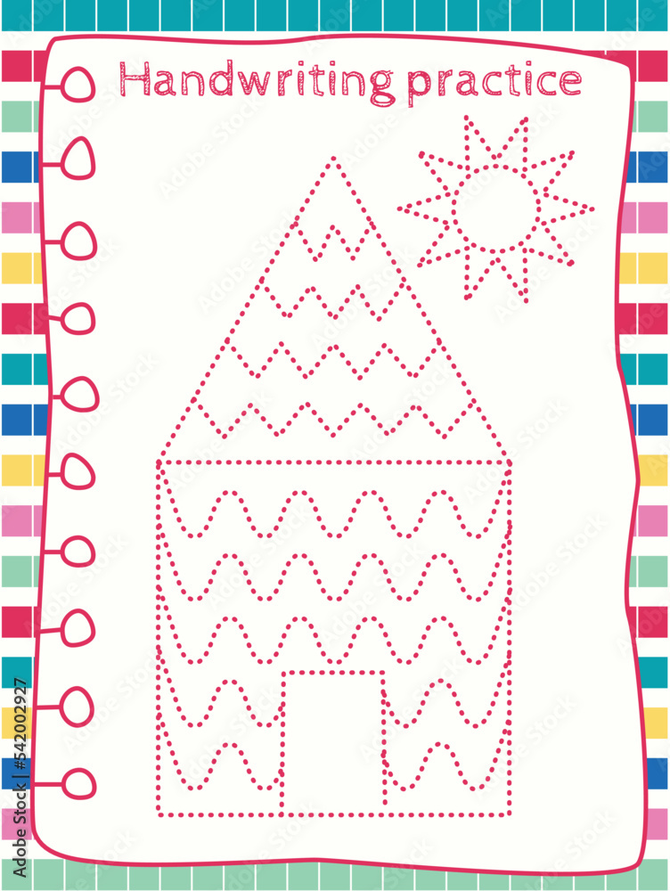 Handwriting practice with pencils and notebooks. Tracing lines for kids